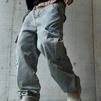 Men's multi pocket denim work pants straight leg denim pants