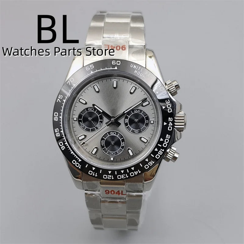 BLIGER/Sterile Gray Dial Chronograph VK63 Quartz Men's Watch 39mm Sapphire Case Black Bezel Luminous Stanless Steel/Rubber Strap