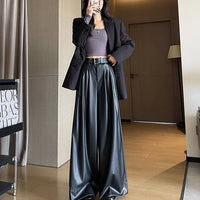 High Waist Wide Leg PU Leather Pants Women's Suit Casual Floor Length Trousers Autumn Winter New Style Loose Fit Long Pants