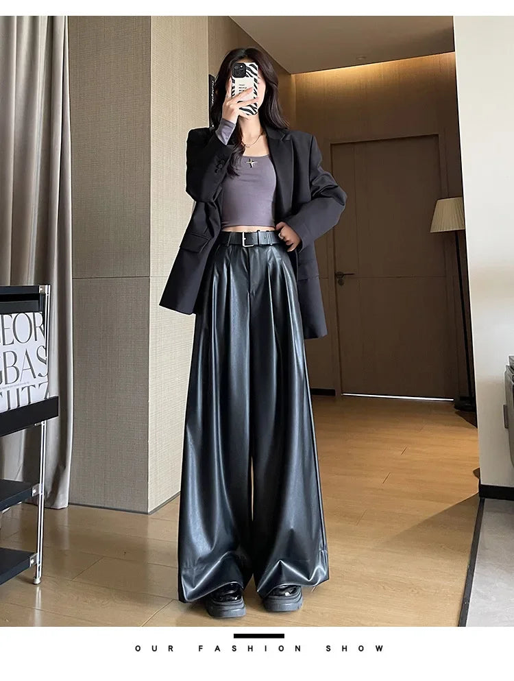 High Waist Wide Leg PU Leather Pants Women's Suit Casual Floor Length Trousers Autumn Winter New Style Loose Fit Long Pants