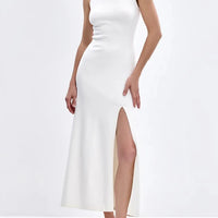 Knit Sleeveless Dresses For Women Long Elegant White High Slit Dress Bodycon Ladies Office Skinny Maxi Tank Rib Dress Female