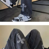 Cross Embroidery Y2k Jeans Mens Straight Denim Pants Casual Vintage Jeans Versatile Fashion Streetwear Spring High Street Pants
