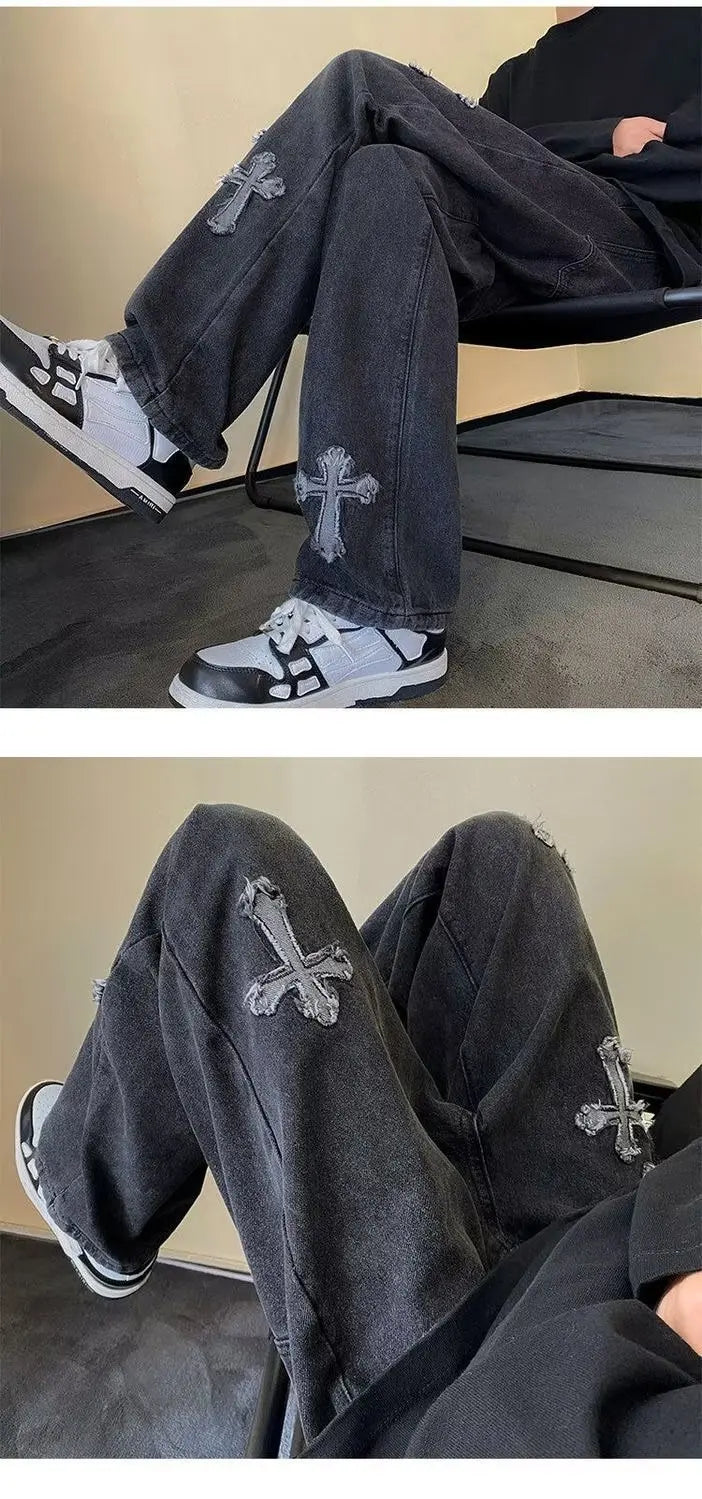 Cross Embroidery Y2k Jeans Mens Straight Denim Pants Casual Vintage Jeans Versatile Fashion Streetwear Spring High Street Pants