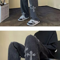 Cross Embroidery Y2k Jeans Mens Straight Denim Pants Casual Vintage Jeans Versatile Fashion Streetwear Spring High Street Pants