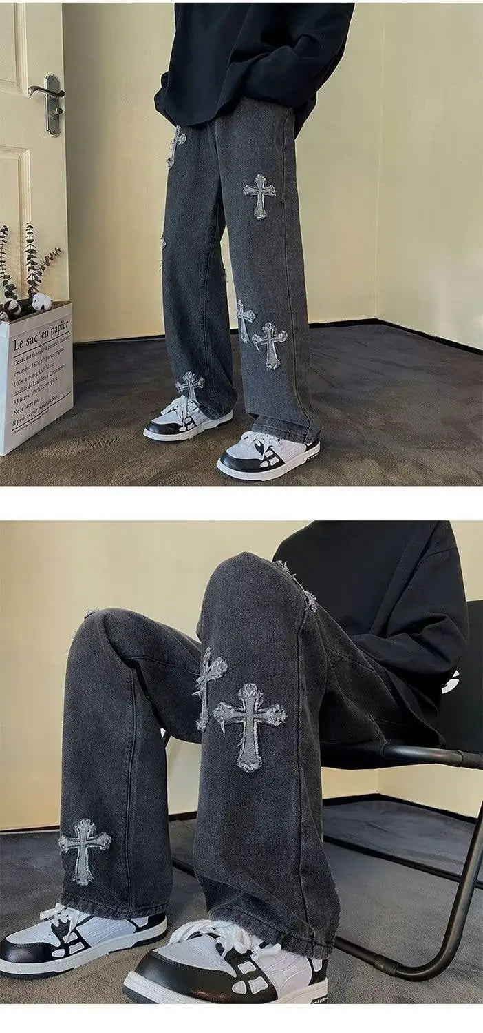 Cross Embroidery Y2k Jeans Mens Straight Denim Pants Casual Vintage Jeans Versatile Fashion Streetwear Spring High Street Pants