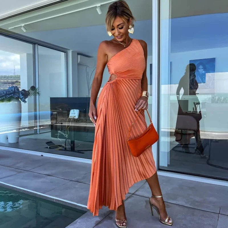 Ardm Elegant Oblique Shoulder Pleated Asymmetric Summer Dresses For Women 2023 Sexy Backelss Hollow Out Party Maxi Dress Vestido