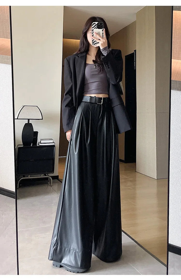 High Waist Wide Leg PU Leather Pants Women's Suit Casual Floor Length Trousers Autumn Winter New Style Loose Fit Long Pants