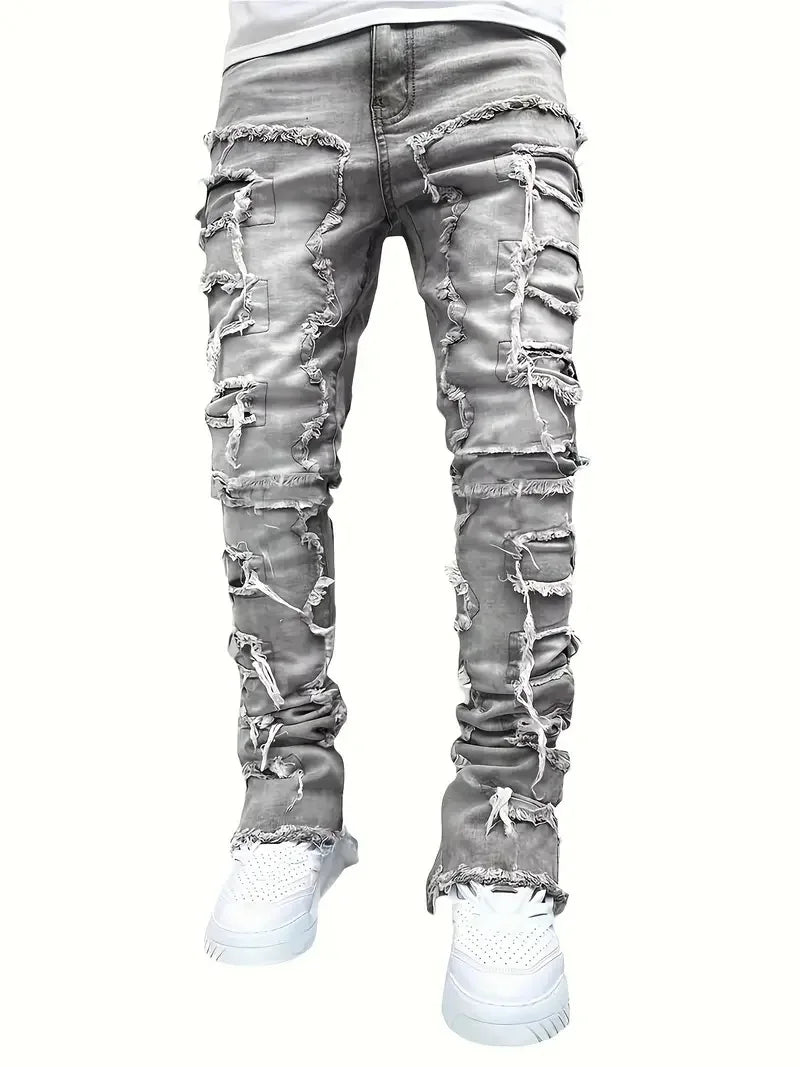 Y2k hip-hop style fringed jeans, men's casual street style stretch jeans