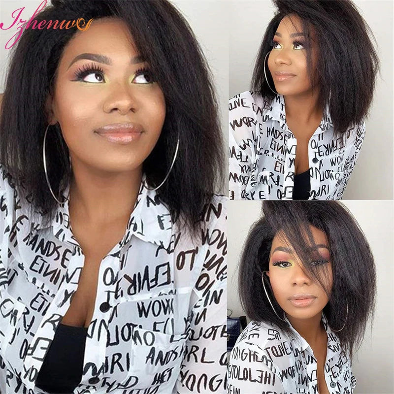 Kinky Straight Short Bob Human Hair Wigs for Women 13x4 Transparent Lace Frontal Peruvain Remy Hair Soft Yaki Straight Bob Wig