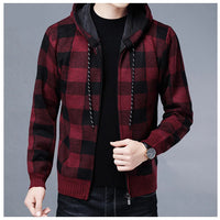 Men Sweater Jacket Fashion Winter Coat Fleece Hoodies High Quality Luxury Checkered Hooded Knit Cardigan Male Outer Wear
