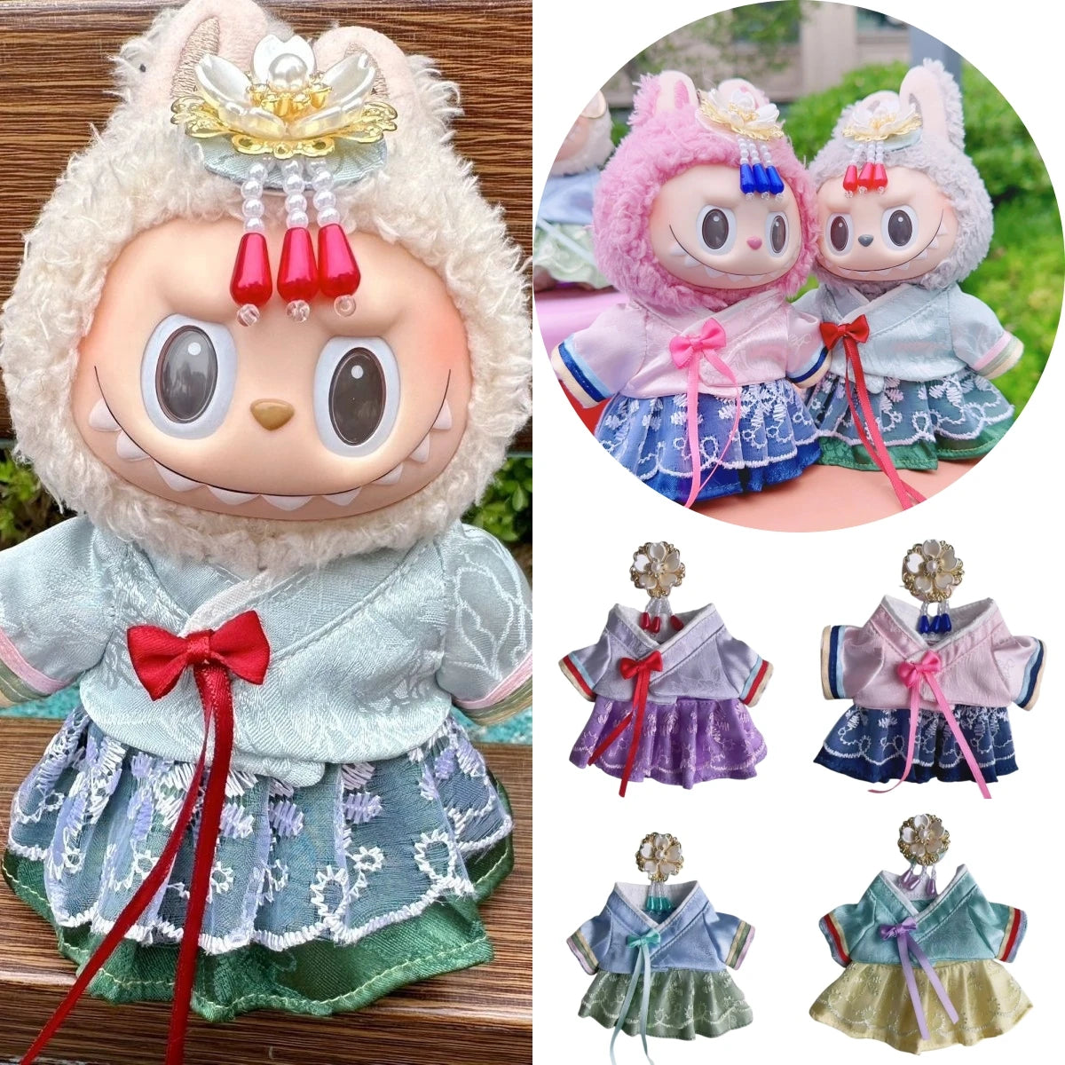 For 15/17cm Labubu Doll Accessories Labubu 3.0 Outfit Korean Traditional Style Dress Set with Hair Clip Doll Clothes