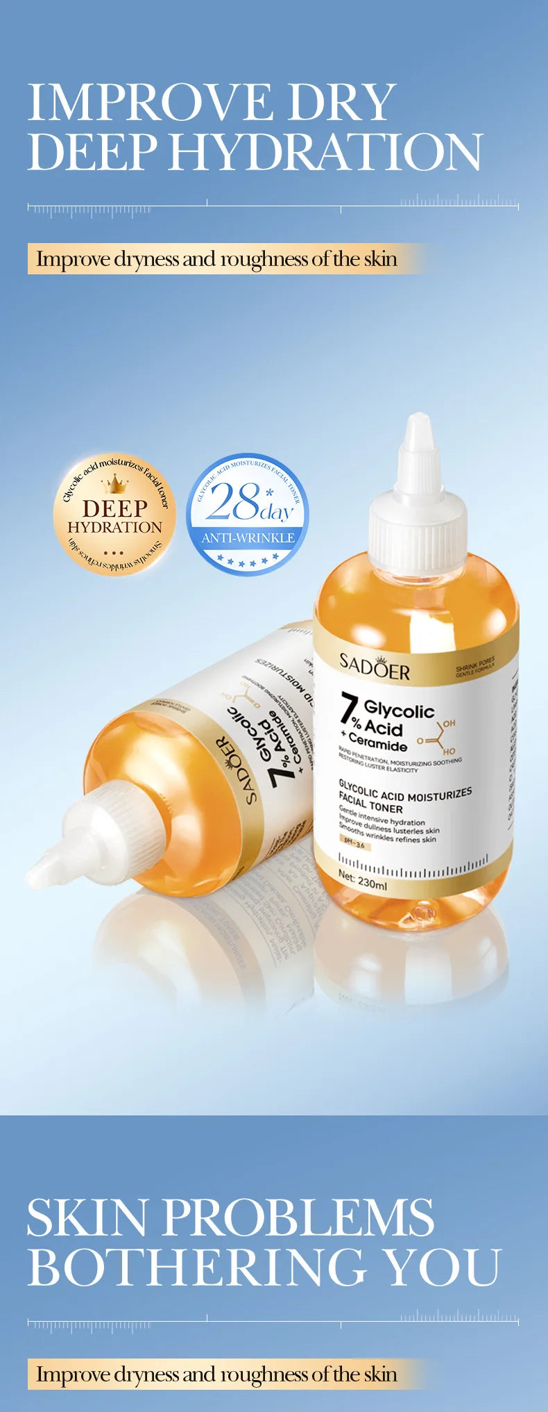 SADOER Glycolic Acid Toner Face Serum Facial Skincare Moisturizing Facial Toner Anti-aging Anti Wrinkles Face Essence Skin Care