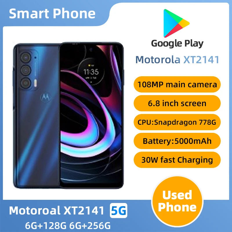 Motorola Moto Edge 2021 XT2141 5g SmartPhone Snapdragon 778g 6.8 inch Screen 5000mAh 108MP Camera Original Used Phone