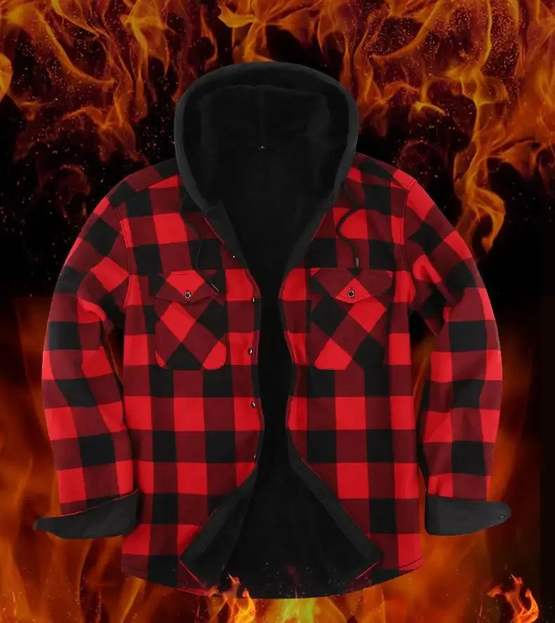 Plus Size Men's Hooded Plaid Shirt Warm Fleece Lined And Thickened Top Long Sleeve Outerwear For Autumn/Winter