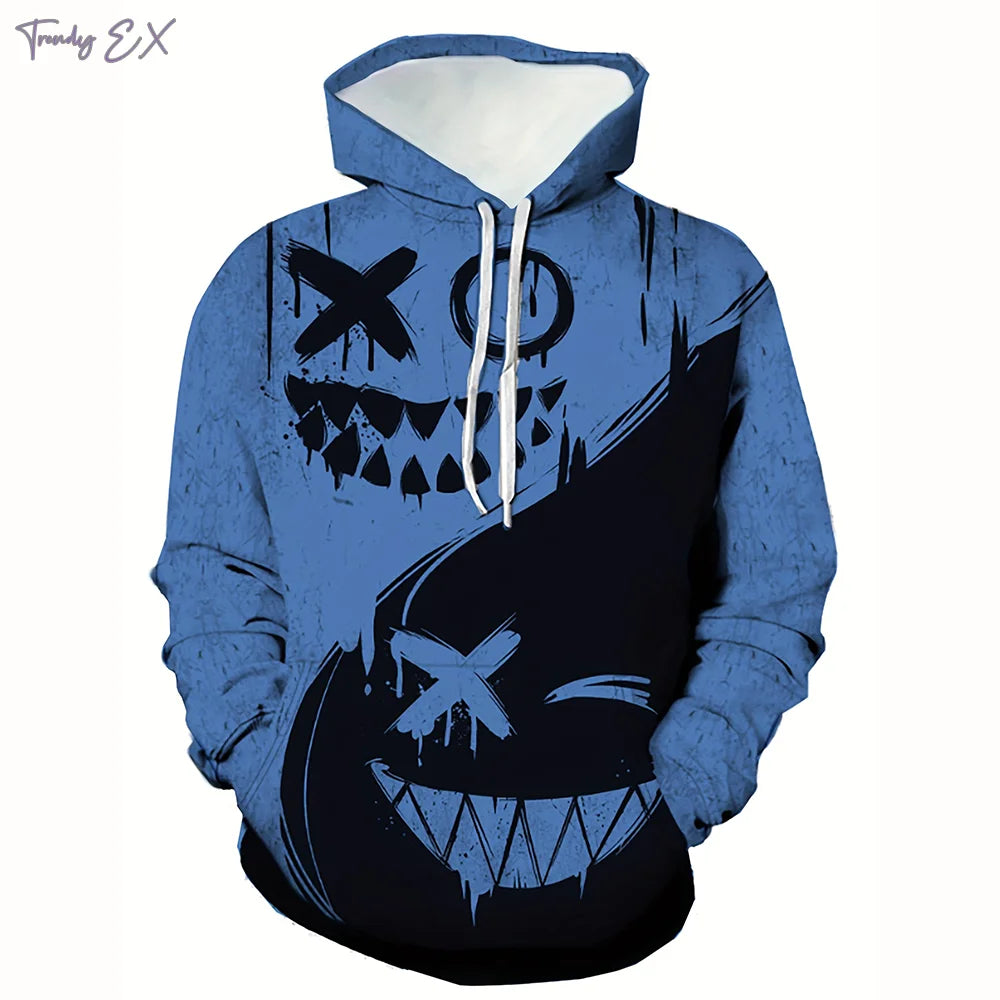 New autumn men's fashionable smiling face design printed soft and comfortable hooded sweatshirt outdoor streetwear