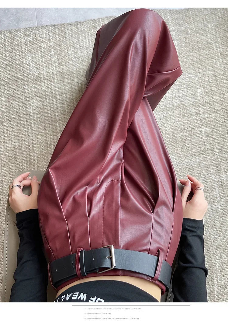 High Waist Wide Leg PU Leather Pants Women's Suit Casual Floor Length Trousers Autumn Winter New Style Loose Fit Long Pants