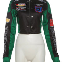 Cutenew Panelled Feather Women Coats New Letter Print Patchwork Buttons Full Sleeve Zip-up Crop Jackets Female Street Outwear