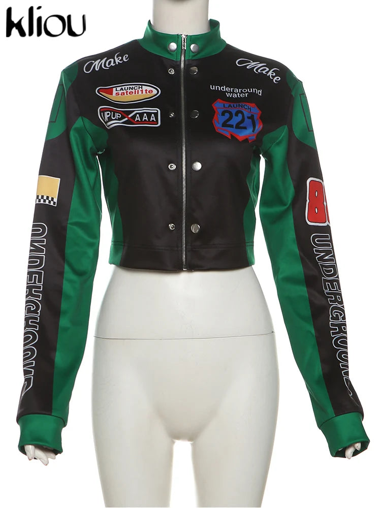 Cutenew Panelled Feather Women Coats New Letter Print Patchwork Buttons Full Sleeve Zip-up Crop Jackets Female Street Outwear