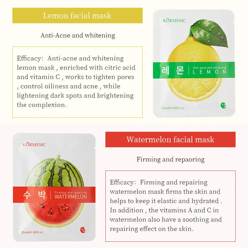 5pcs Kormesic Fruit-Infused Hydrating Face Mask Moisturizing Nourishing Hydrating Facial Skin Care Products