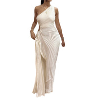 Women Elegant Long Dress Summer Sleeveless One-shoulder Pleated Hollowed Irregular Dress for Cocktail Party Beach Sundress Y2K