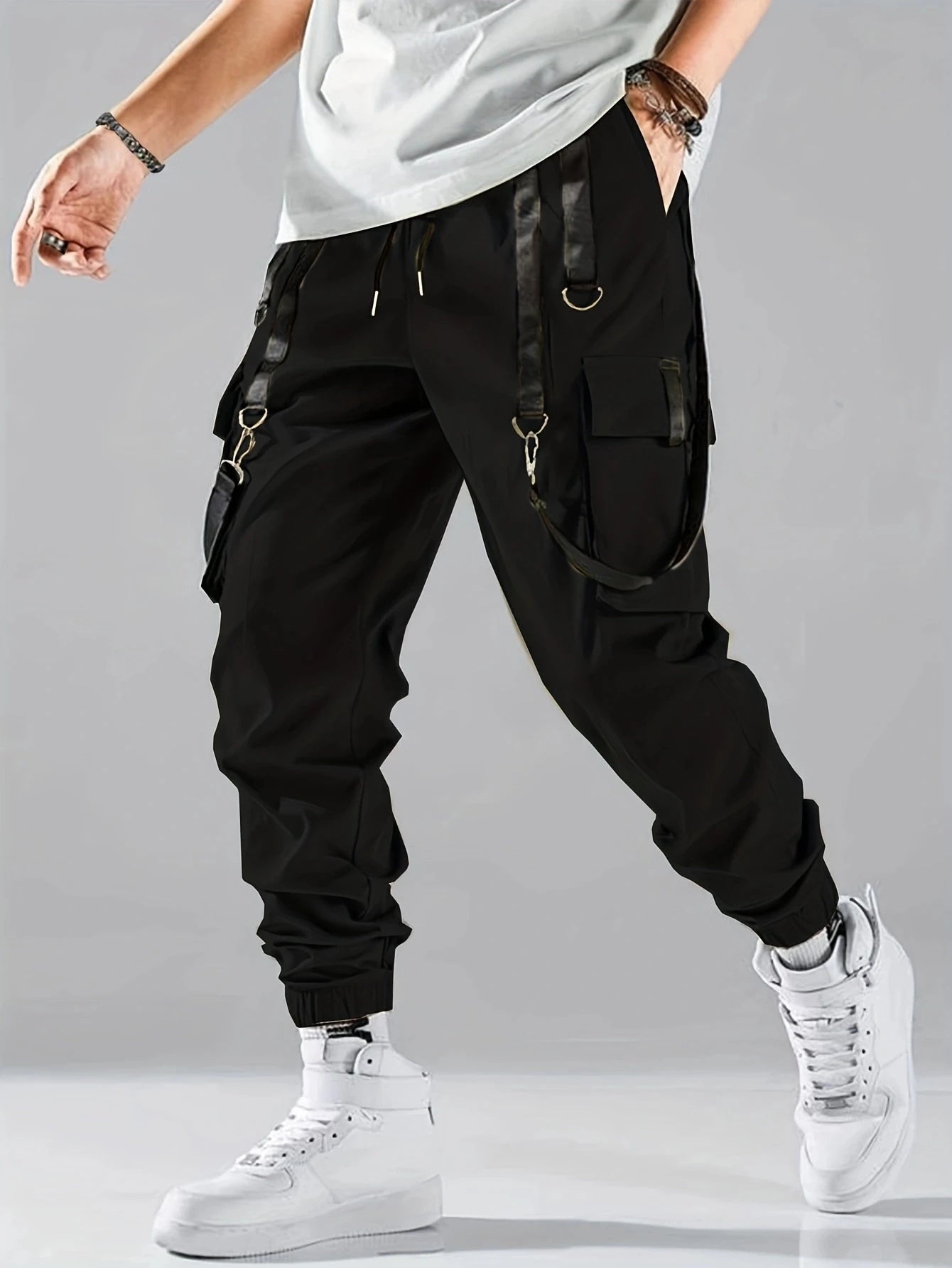 Fashion Men's Casual Techwear Drawstring Multi Flap Pockets Cargo Pants Hip hop Joggers Pant
