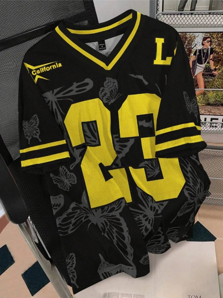 Summer Fashion Butterfly 23 Print TShirt For Women V-Neck Mesh Hole Short Sleeve Sports Football Jersey Y2K Loose Women Clothing