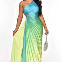 CM.YAYA Women Gradient Printed Pleated One Shoulder Roll Waist Maxi Irregular Big Swing Dress 2023 Sexy Party Vestidos Dresses