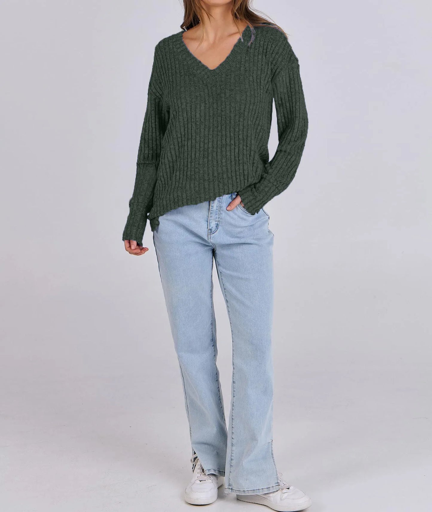 Women's Long Sleeve V-Neck T-Shirt Pit Stripe Milled Fashion Temperament Top