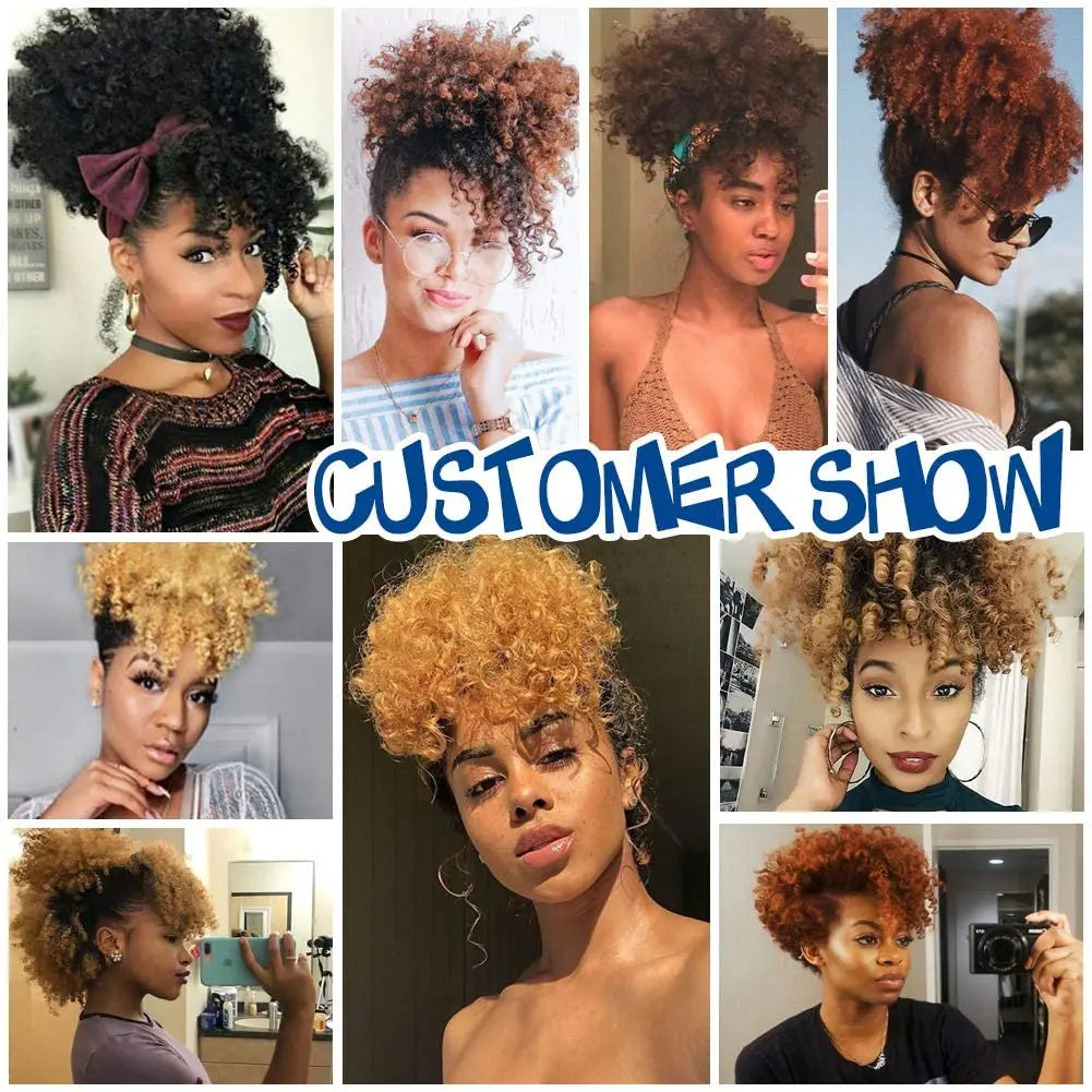 Afro Puff Kinky Curly Hair Updo Ponytail Extension with Bangs Drawstring Ponytail for Women Black, Synthetic Hair Ponytail