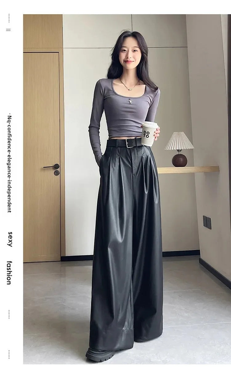 High Waist Wide Leg PU Leather Pants Women's Suit Casual Floor Length Trousers Autumn Winter New Style Loose Fit Long Pants