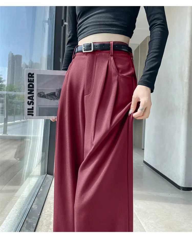 High Waist Slim Fit Straight Leg Suit Pants Wide Leg Casual Trousers Women's Autumn New Arrival Red Color Business Office Wear