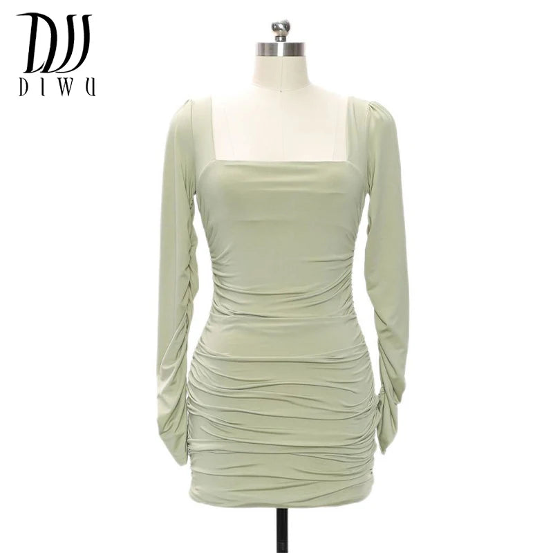 DIWU Women Sexy Autumn Long Sleeve Square Neck Bodycon Party Club Mini Dress 2022 Spring Autumn Clothes Dropshipping Streetwear