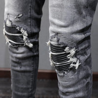 Designer Fashion New High Quality Black Grey Jeans Elastic Slimming Perforated Patch Washed Jeans High Street Hip Hop Brand Pant