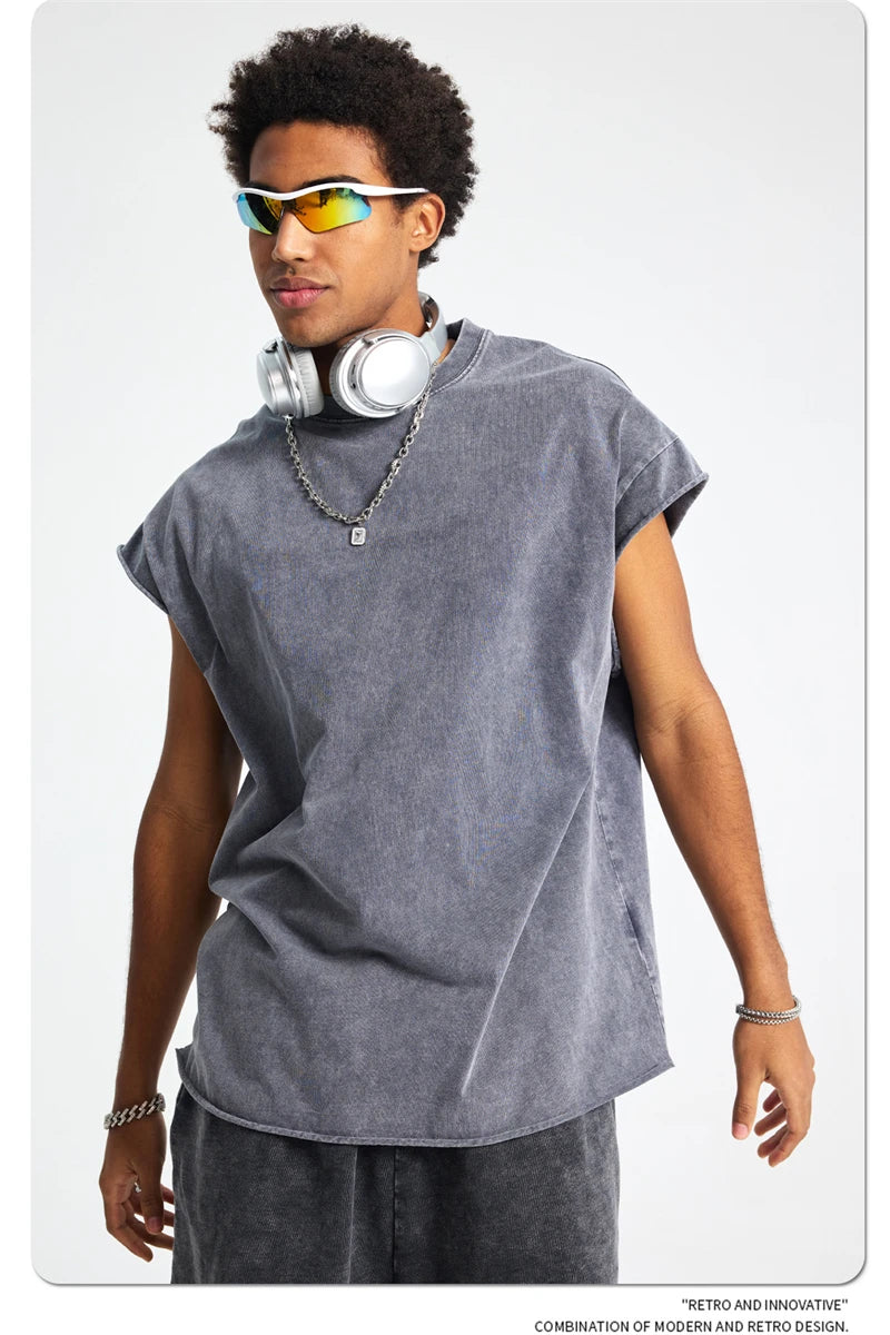 ZODF Trendy Summer Men Batik Washed 275gsm Cotton Tank Tops Unisex Oversized Loose Edge Sleeveless Vests Brand Tees HY1036