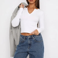 Womens V Neck Button Down Henley T Shirts Y2K Slim Fit Long Sleeve Crop Tops Basic Casual Going Out Tee Shirts