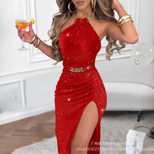 Women Spring Summer Glitter Lurex Halter High Slit Slim Fit Metal Chain Mid-Calf Bodycon Party Dress Sexy