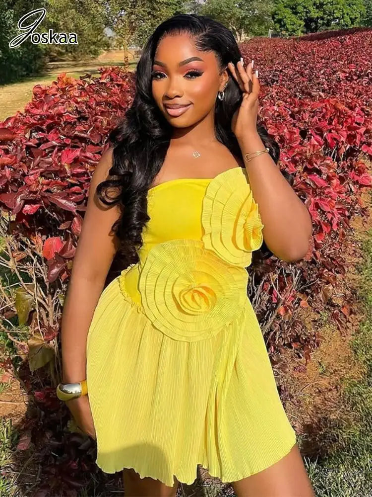 Joskaa 2025 Summer Women 3D Flower Decorate Strapless Pleated Irregular Hem Mini Dress Holiday Beachwear Party Clubwear S-XXL