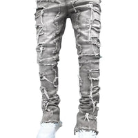 Streetwise Stretch Patch Jeans For Men Bottom Baggy Men's Clothing Summer Solid New Fashion Mid Waist Patchwork Long Pants Male
