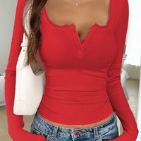 Women's 2025 Fall Winter Lace Trim Blouse - V-Neck Button Down Long Sleeve Shirt, Slim Fit Fashion Top