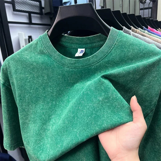 Summer Men's Washed 230G Heavy Cotton T-Shirts Vintage Faded Color Oversized Unisex Basic Tee Short Sleeve Loose Workout Tops