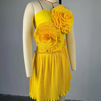 Joskaa 2025 Summer Women 3D Flower Decorate Strapless Pleated Irregular Hem Mini Dress Holiday Beachwear Party Clubwear S-XXL