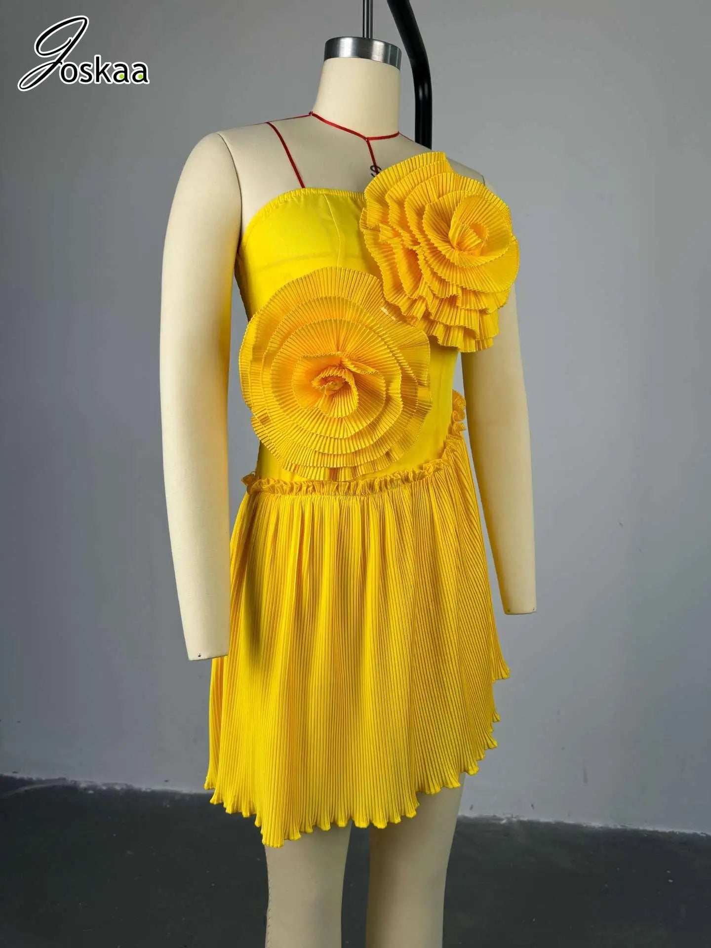 Joskaa 2025 Summer Women 3D Flower Decorate Strapless Pleated Irregular Hem Mini Dress Holiday Beachwear Party Clubwear S-XXL