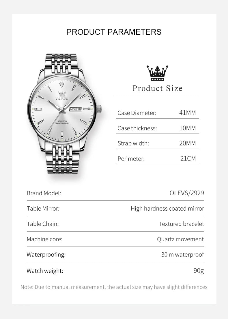 OLEVS Men's Watches Fashion Simple Calendar Week Luminous Waterproof  Steel Strap Man Watch Original Quartz Watches for Men 2929