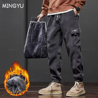 Winter Men's Fleece Warm Cargo Corduroy Pants Jogging Sweatpants Work Y2k Korean Pants Loose Harem Casual Trousers for Men