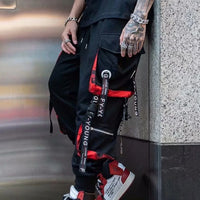 Men's Cargo Pants Casual Hip Hop Hit Color Multiple Pockets Trousers Streetwear Ribbons Techwear Sweatpants