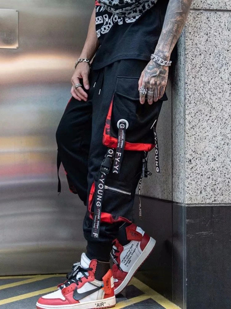Men's Cargo Pants Casual Hip Hop Hit Color Multiple Pockets Trousers Streetwear Ribbons Techwear Sweatpants