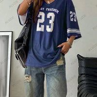 Summer New Black Enjoy Freedom 23 Print T-Shirt For Women V-Neck Short Sleeve Mesh Sports Football Jersey Y2K Oversized Tops