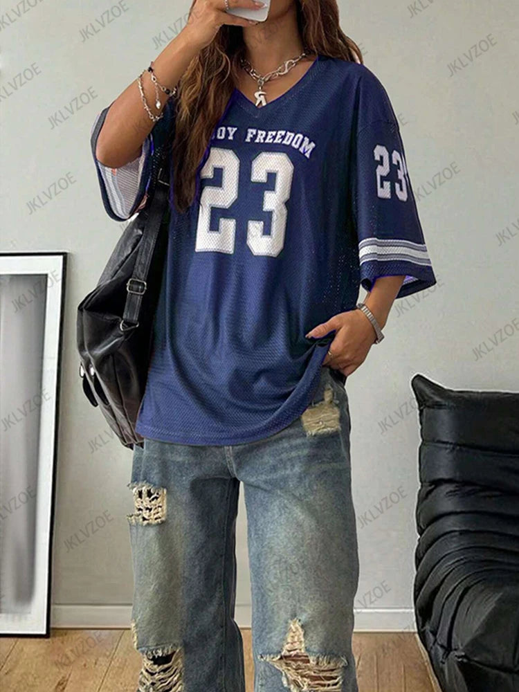 Summer New Black Enjoy Freedom 23 Print T-Shirt For Women V-Neck Short Sleeve Mesh Sports Football Jersey Y2K Oversized Tops