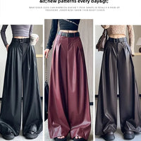 High Waist Wide Leg PU Leather Pants Women's Suit Casual Floor Length Trousers Autumn Winter New Style Loose Fit Long Pants