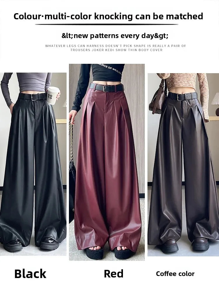 High Waist Wide Leg PU Leather Pants Women's Suit Casual Floor Length Trousers Autumn Winter New Style Loose Fit Long Pants
